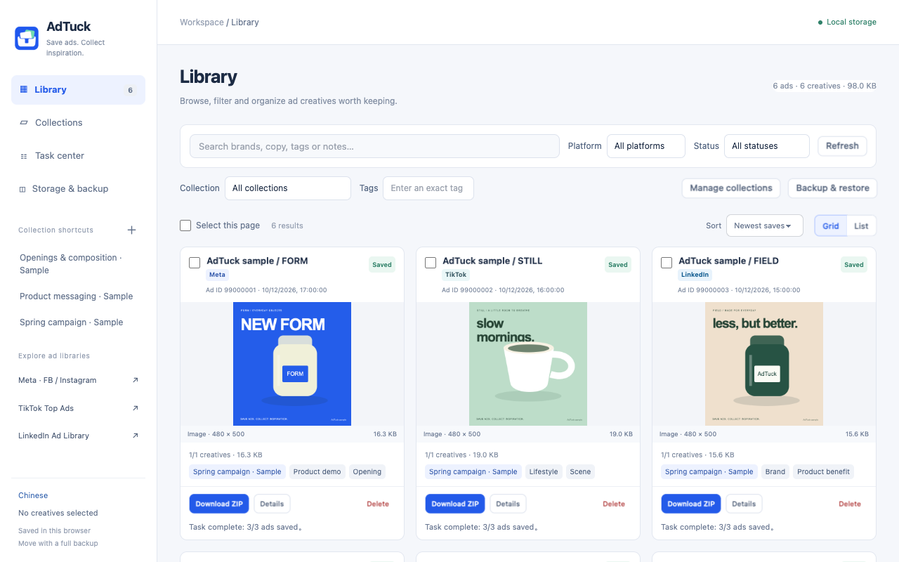 AdTuck library with sidebar navigation, filters, collections, tags and creative cards, using our own sample creatives